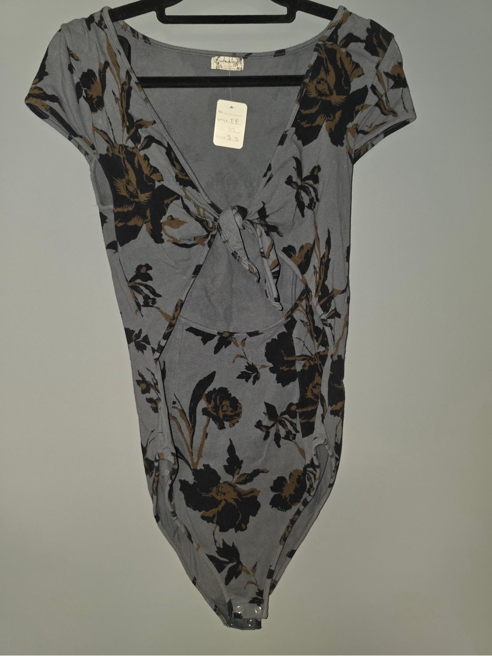 Gray Floral Tie-Front Bodysuit with Short Sleeves